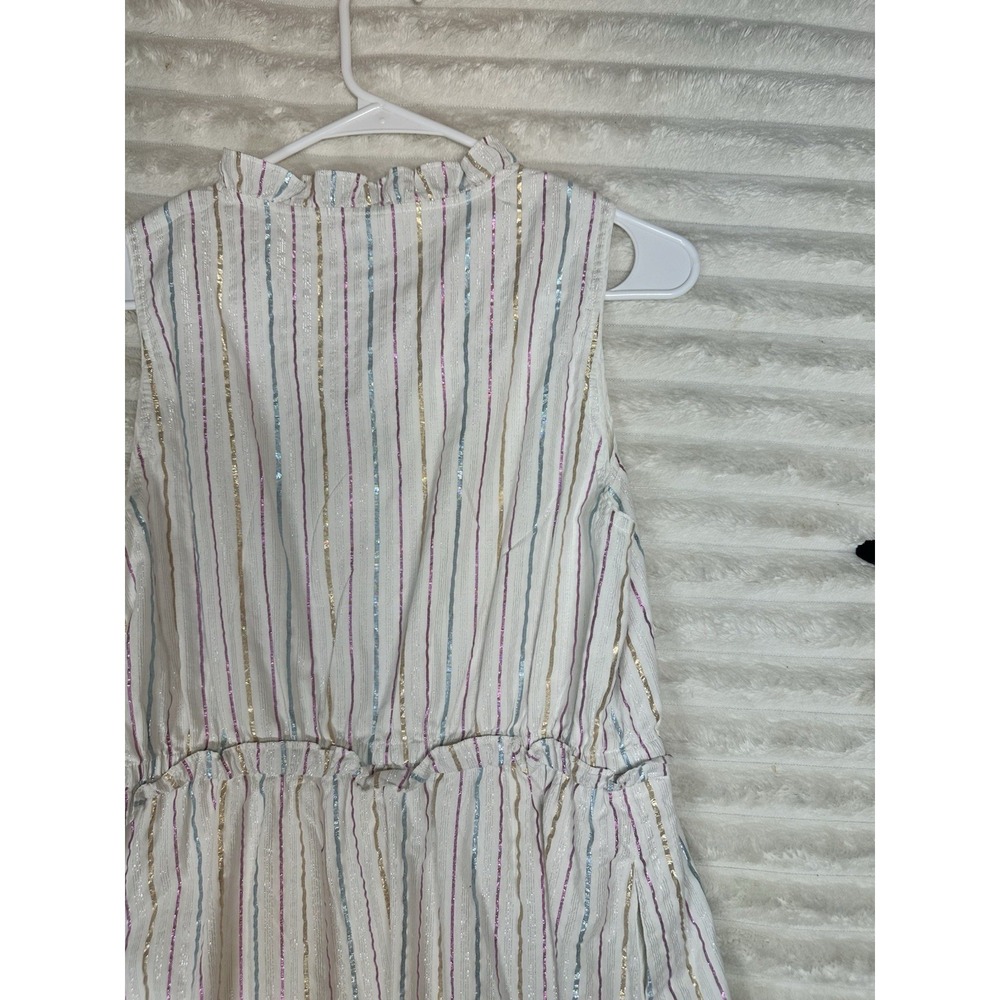 J Crew‎ Dress Women's White Multi Metallic Shimmer Stripe Ruffle Trim Midi 10 - Picture 9 of 15